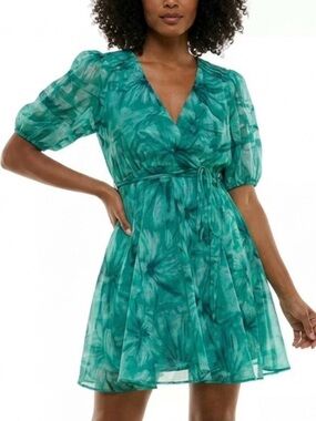 Maison Tara Women's Green Floral Surplice Fit & Flare Mini Dress